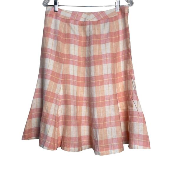 Brooks Brothers 100% Linen Plaid Linen A-line Skirt Sz 8 NEW Pink‎ Orange Yellow - Picture 1 of 10